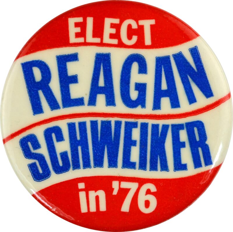 A button from the brief Reagan–Schweiker ticket, announced July 26, 1976, weeks before Ford won the nomination at the Kansas City convention.